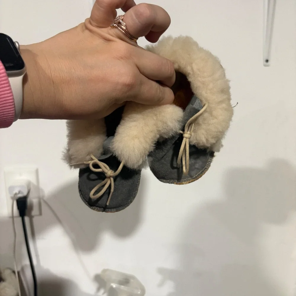 Handmade Infant Suede Sheepskin Shearling Moccasin Booties Grey Tan Toddler 5